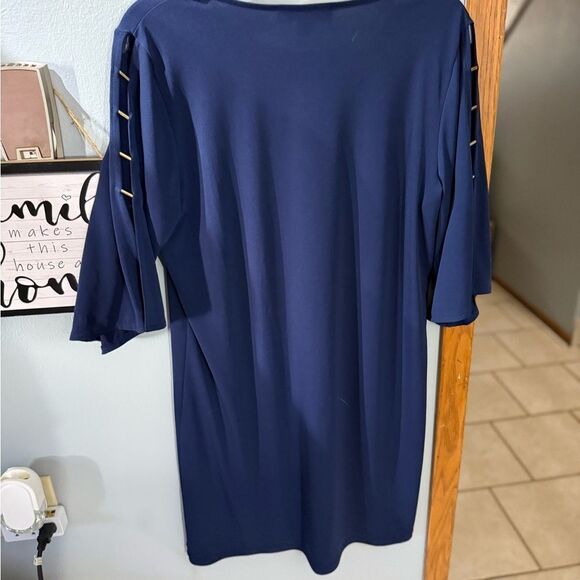 Michael Kors Vneck Navy Blue Shift Shit Dress Gold Open Sleeve Godm Features M - Picture 6 of 7